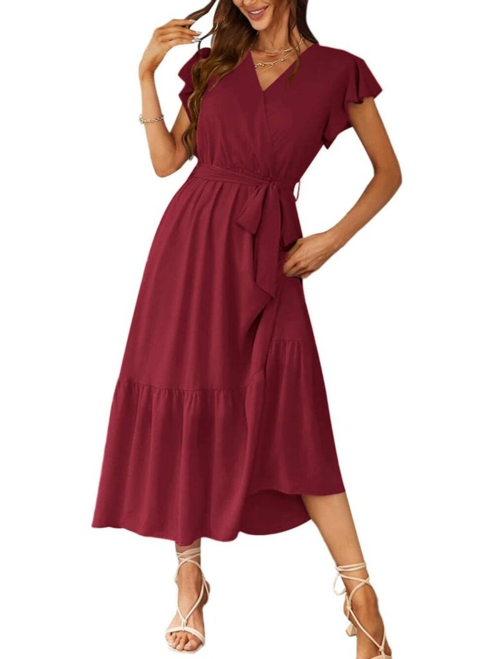 Women's Wine Red Summer Short Sleeve Wrap V Neck Floral Boho Guest Maxi Dress